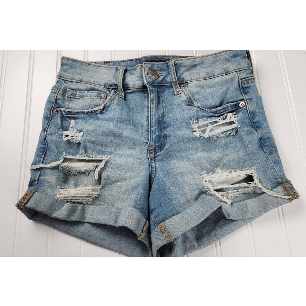 Aeropostale High Rise Midi Shorts Womens‎ 0 Blue Distressed Denim Rolled Cuff